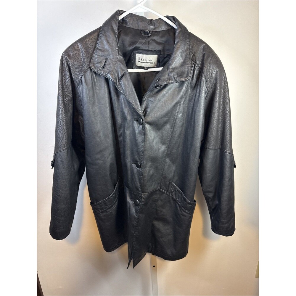 Vintage THE LEATHER WAREHOUSE Women's Coat Sz L BLACK - Shoulder Pads